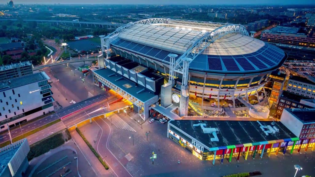 an aerial view of a stadium at night.