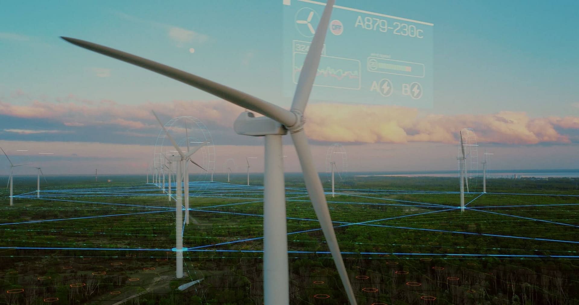 a wind farm with a wind turbine in the foreground.
