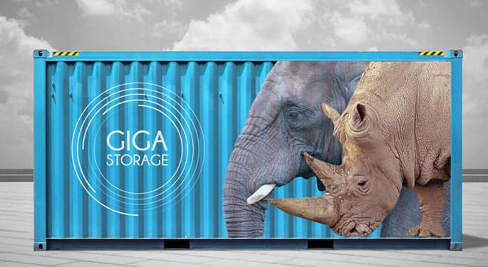 an elephant on the side of a blue container.