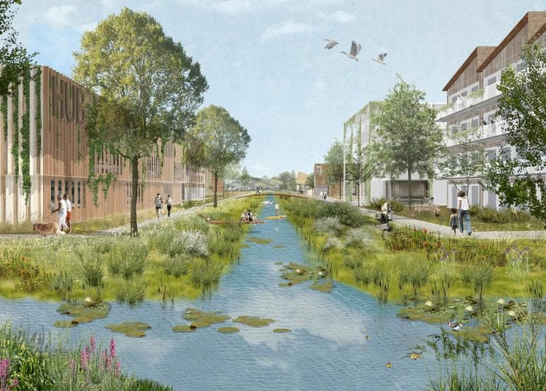 a painting of a river running through a city.