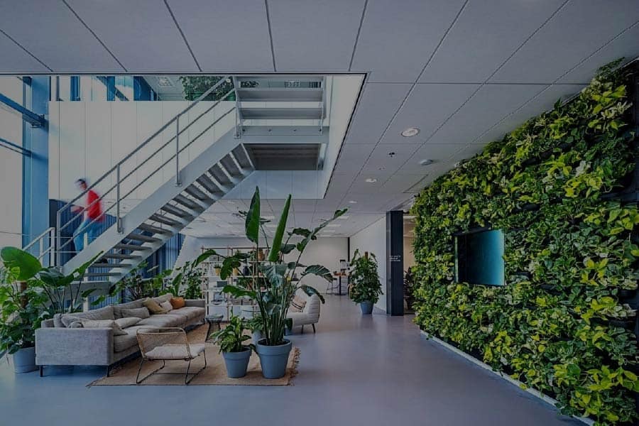 Modern office building, person walking down the stairs. Green wall